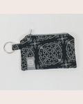 Black and dark grey sabah patterned pouch with a key ring on a light gray background